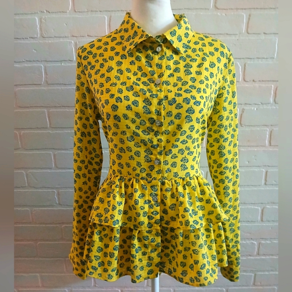 Women's Figure Flattering Yellow Shirt with Blue Roses